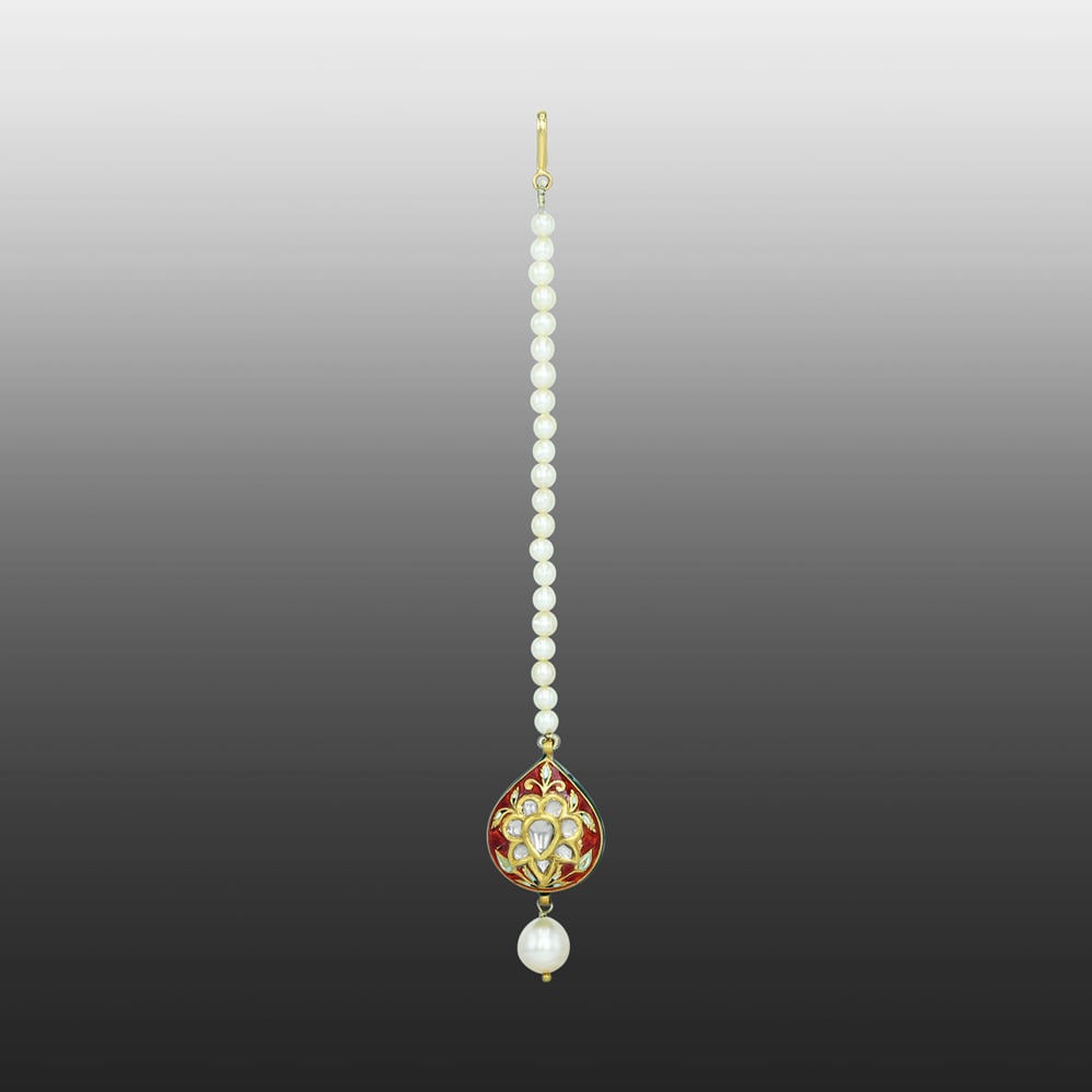 Red Enamel Polki Mangtikka with Pearl Strand and Drop